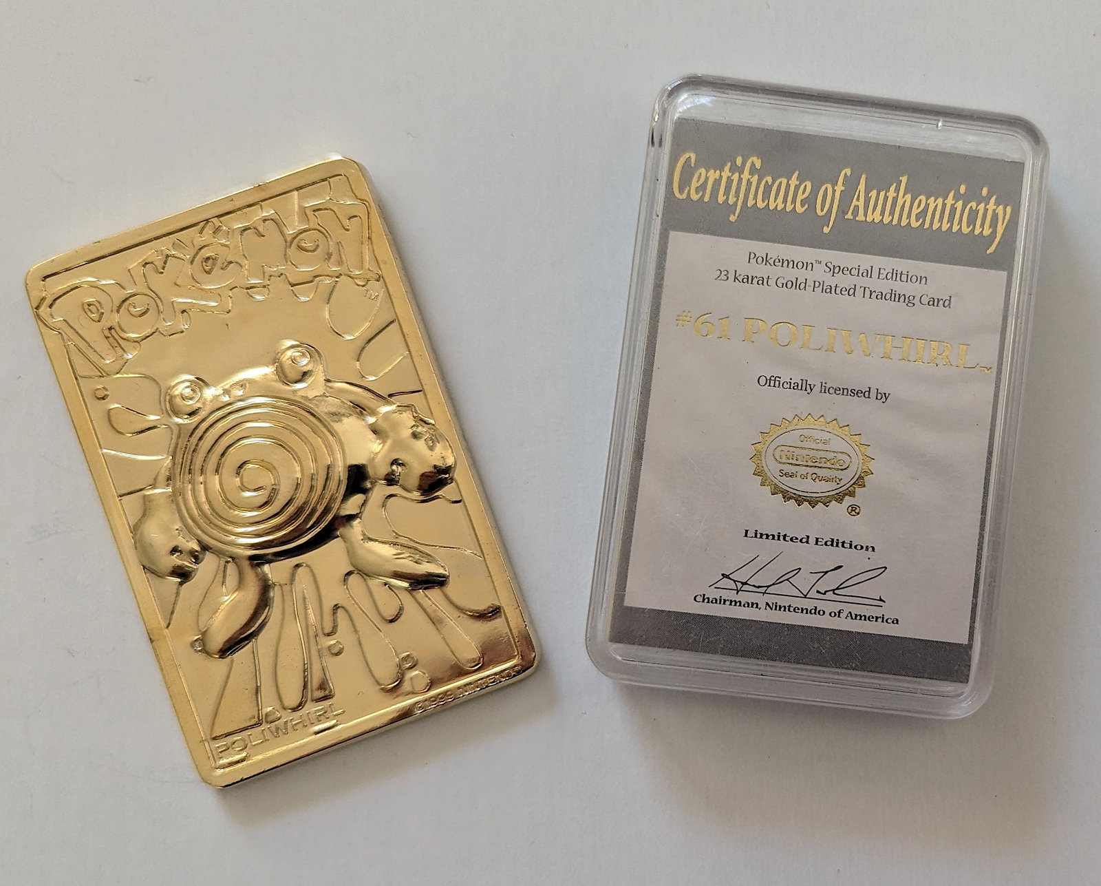 Collectible POKEMON 23 Karat Gold Plated Trading Card 1999: #61 POLIWHIRL. Limited Edition with Cerificate of Authenticity. Provenance from a PBC Collector. We have included quality scans to show it's actual condition. This lot is located in Boca Raton, Fl and