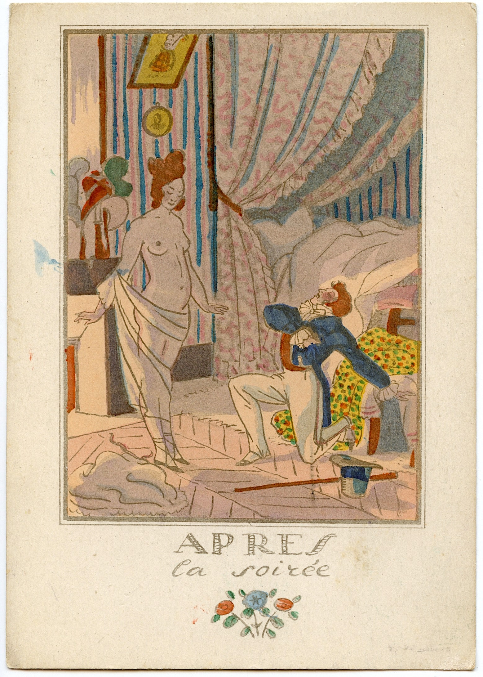 Antique Rare Postcard French Erotic APRES La Soiree: Provenance from a PBC Collector. We have included quality scans to show it's actual condition. The dimensions of an antique postcard are Approx. 5.5"x 3.5" (small variances can occur). This lot is loc