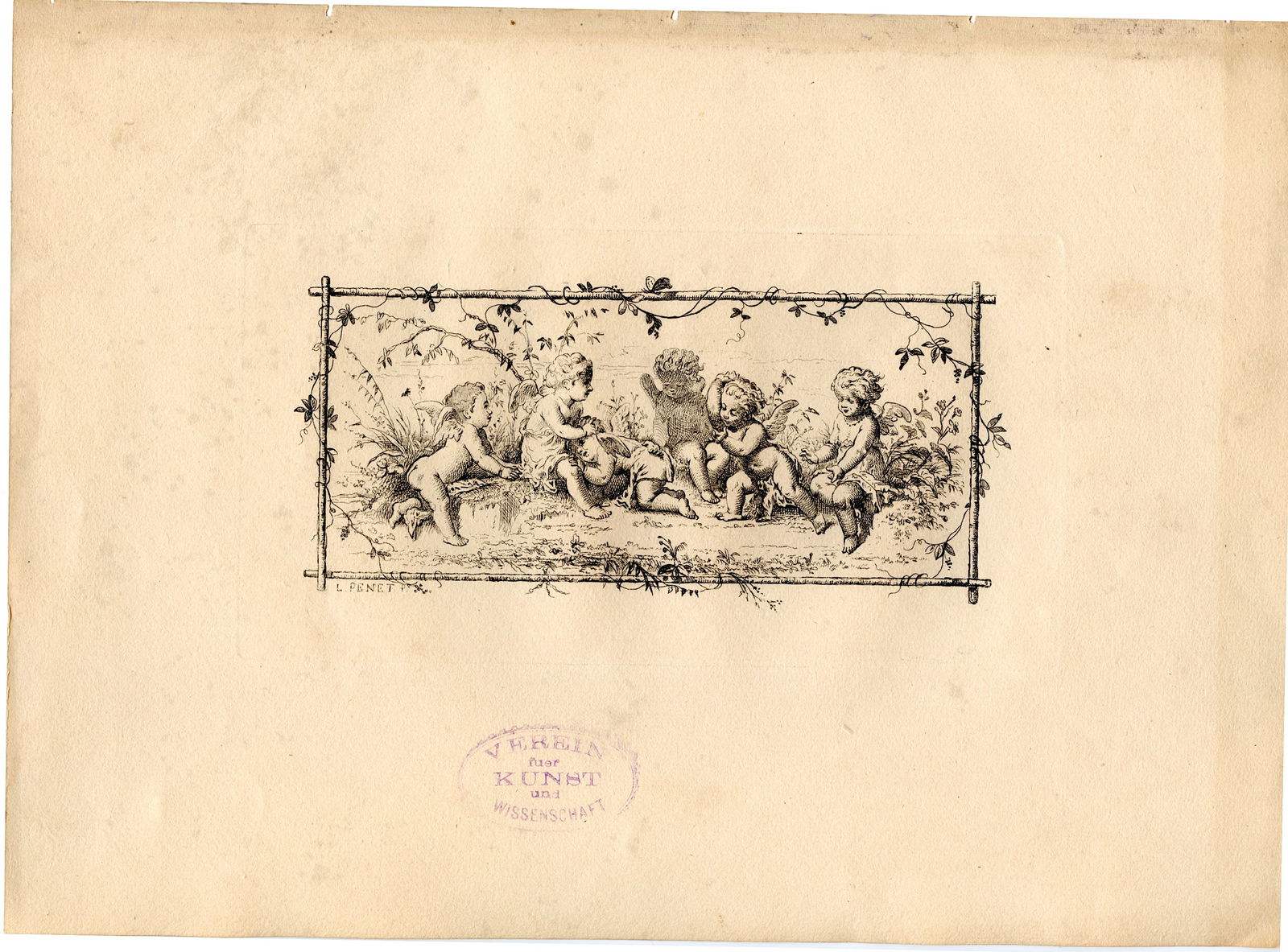 Antique 1880 Etching Print PUTTI by LUCIEN FRANCOIS PENET Stamp (1 of 2)