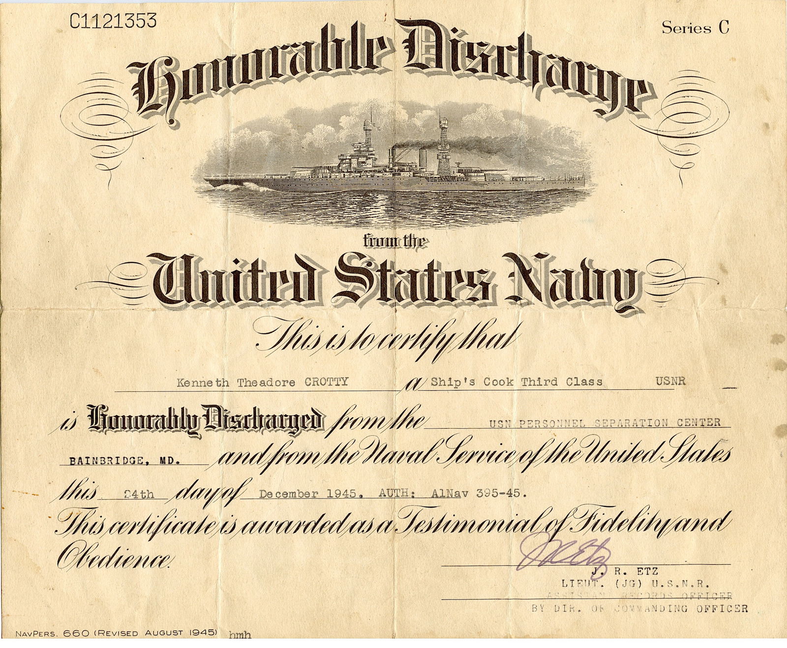US Navy Honorable Discharge Hand Signed, 1945 (1 of 2)