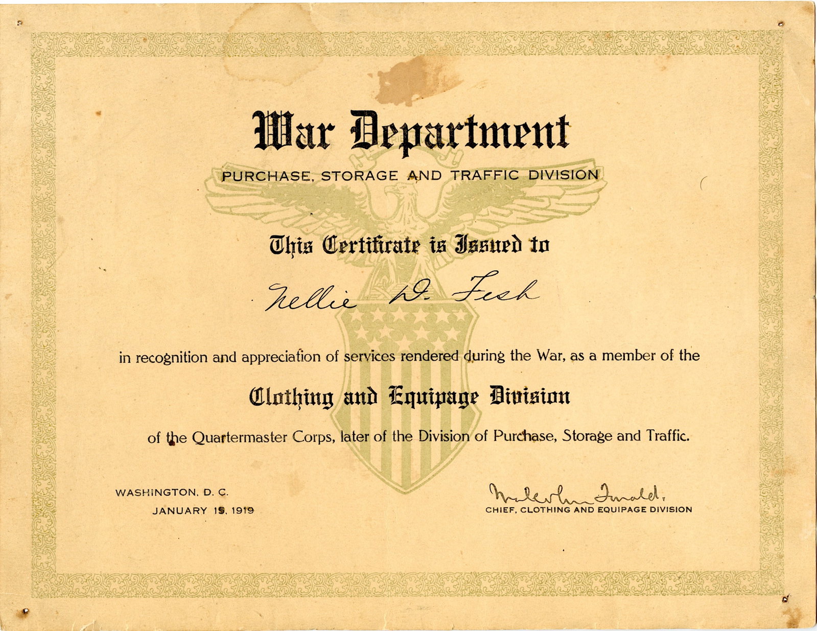 War Department Certificate Washington D.C., 1919: This lot is from a deceased collector in PBC. We have included quality images to show it's actual condition. This lot is located in Boca Raton, Fl and its shipment will be made directly by Artelisted.