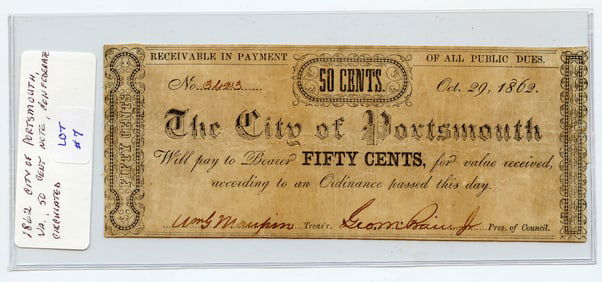 Confederate 50 cent Note, 1862 City of Portsmouth, Virginia