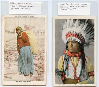 Set 2 Color Tinted Post Cards "Piute Indian Sqaw" & "Buffalo Calf, Apache"