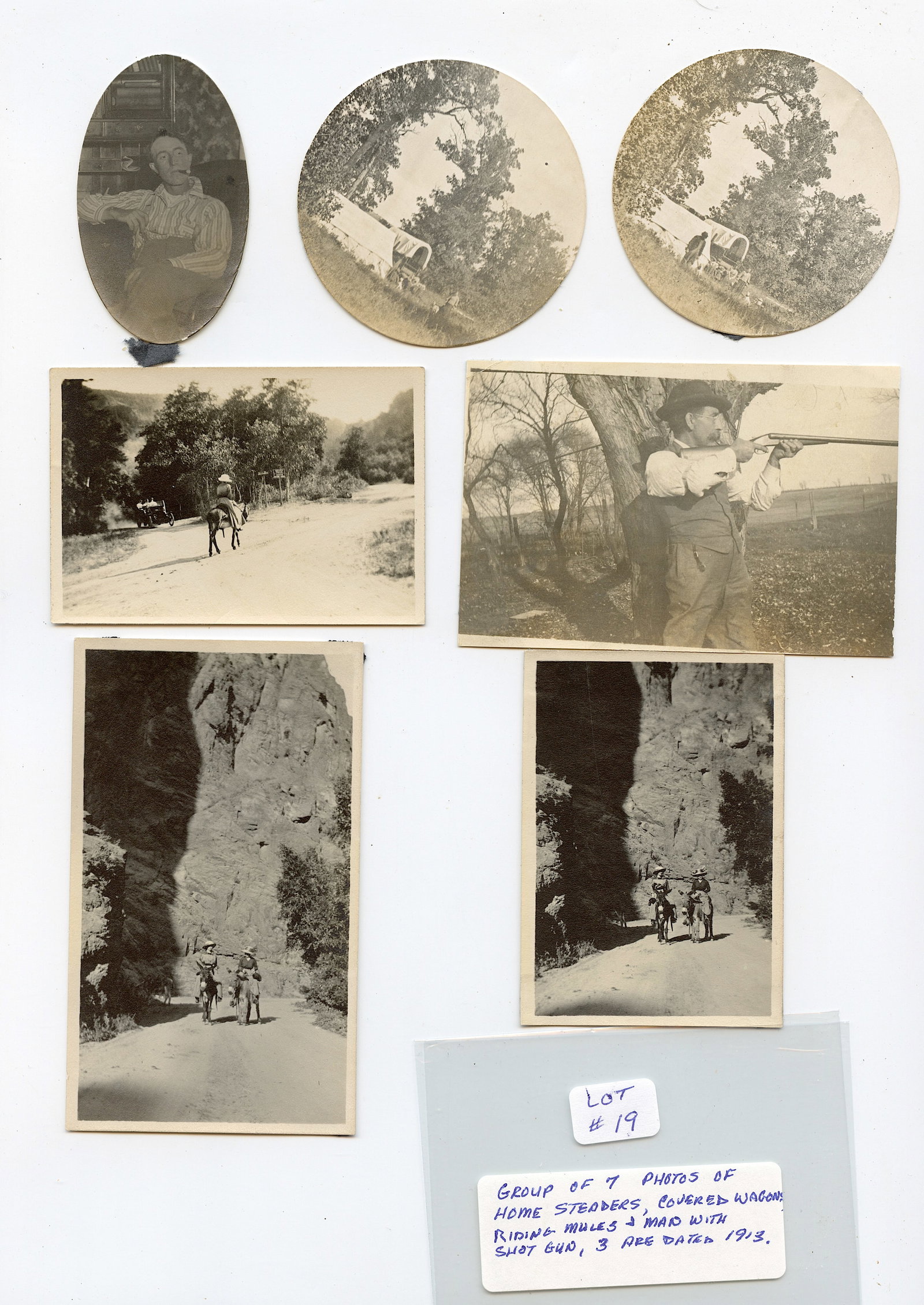 Set 7 Small 1913 Photos, Home Steaders, Wagons Mules Man with Gun: The provenance of this lot is from a quality collector in Longview, Texas. Please see all the included images to read all related information. We have included quality scans to show it's actual condit