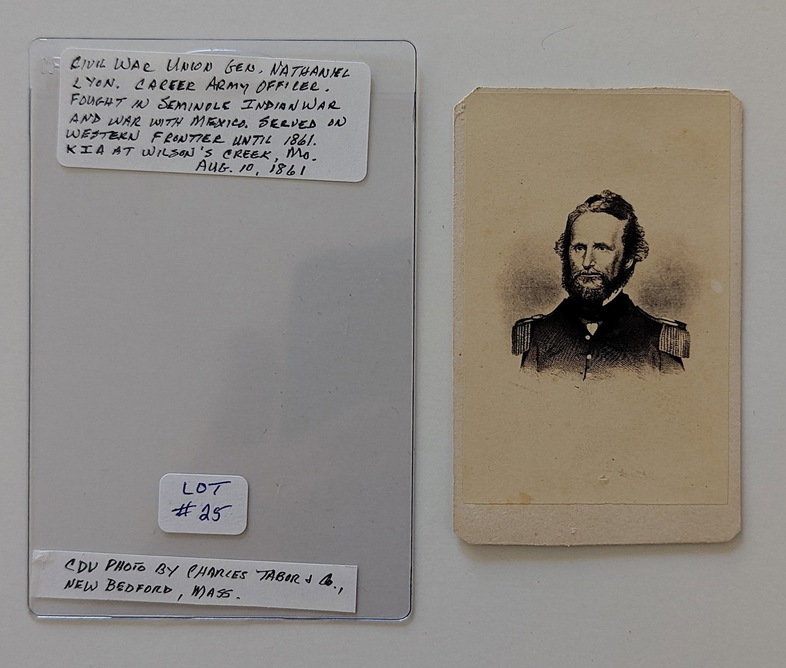 Civil War Union Ge. Lyon CDV by Tabor & Co., New Bedford, Mass.: The provenance of this lot is from a quality collector in Longview, Texas. Please see all the included images to read all related information. We have included quality scans to show it's actual condit