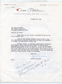 Ephemera ANDRE DE DIENES Letters with Crown Publishers, Inc., 1967