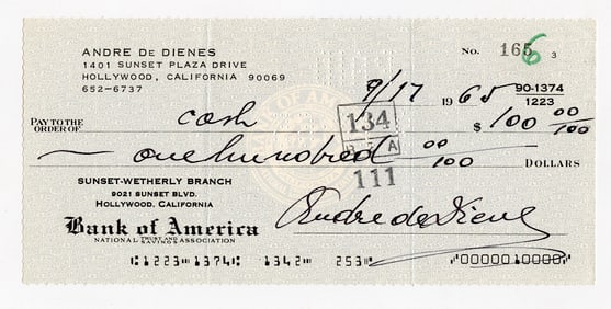 ANDRÉ DE DIENES Vintage Ephemera Signed Check, 1965