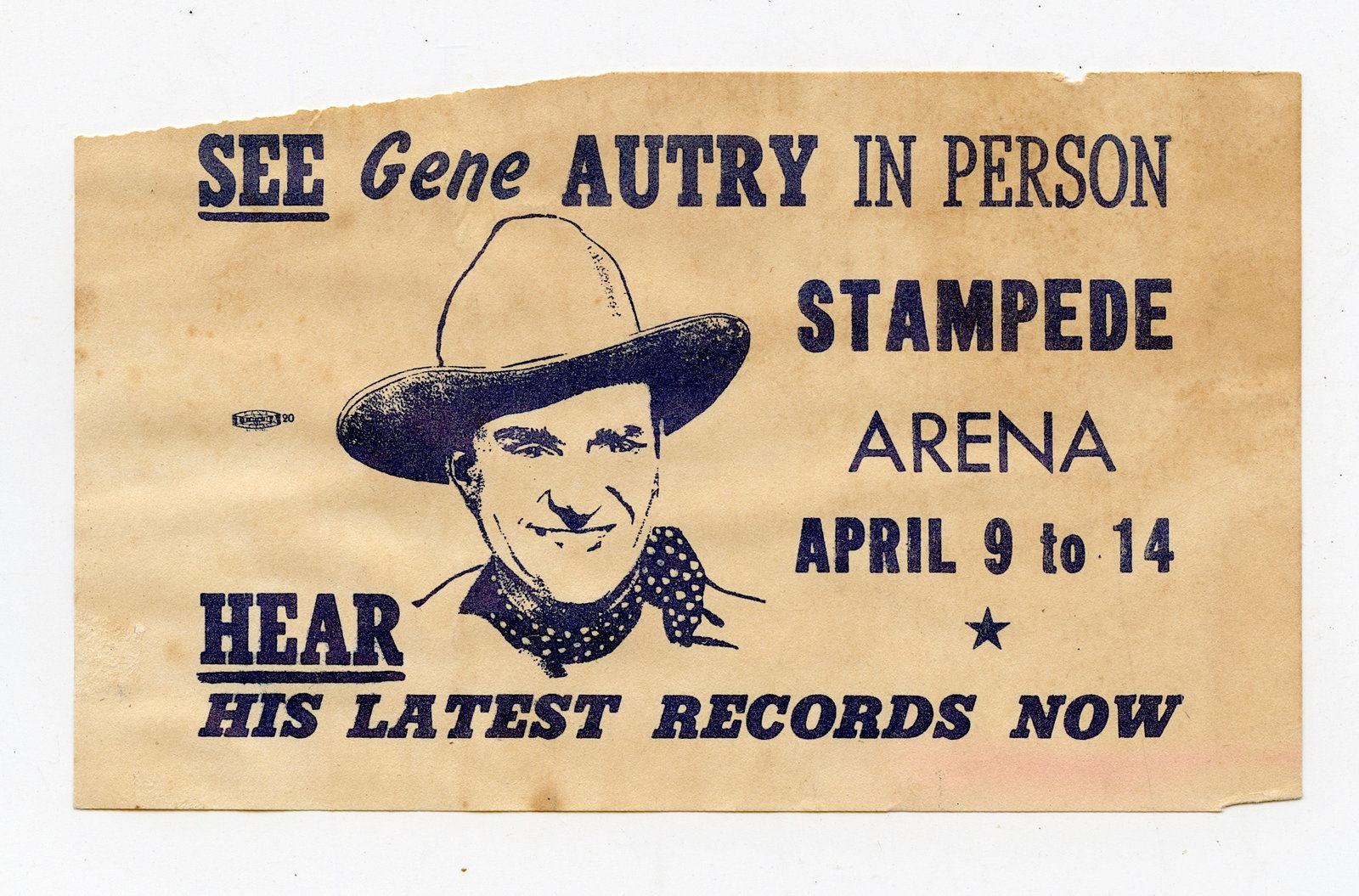 Vintage 1940s GENE AUTRY Advertising Stampede Arena: This lot is coming from the estate of a collector in PBC. We have included a quality scan to show it's actual condition. This lot is located in Boca Raton, Fl and its shipment will be made directly by