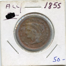 US Coin Collectors  Braided Hair  Cent, 1855