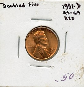 US Coin Collectors Lincoln Cent Doubled Five 1951-D Red