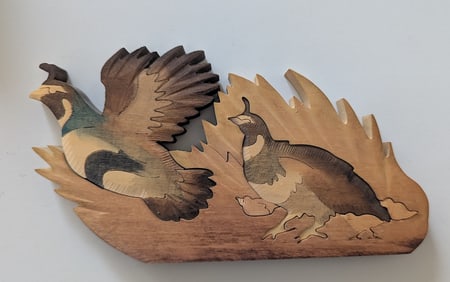 Vintage Wood California Quails Inlaid Puzzle - 8" x 5"