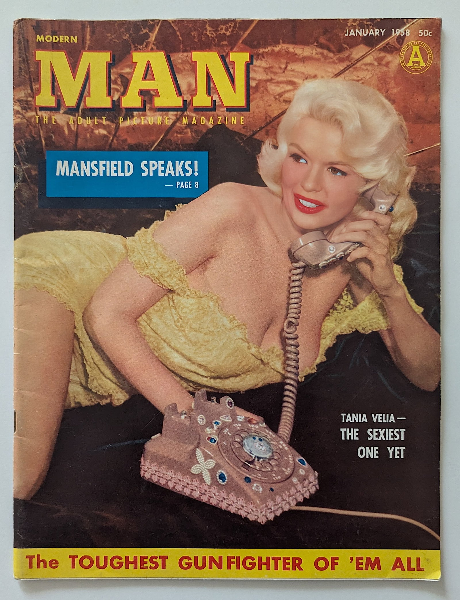 Modern Man, Jan. 1958; Jayne Mansfield Cover: This lot is coming from the estate of a photographer in LA. We have included a quality scan to show it's actual condition. This lot is located in Boca Raton, Fl and its shipment will be made directly 