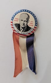 Pres. Dwight D. Eisenhower Button Red White & Blue Ribbon Attached