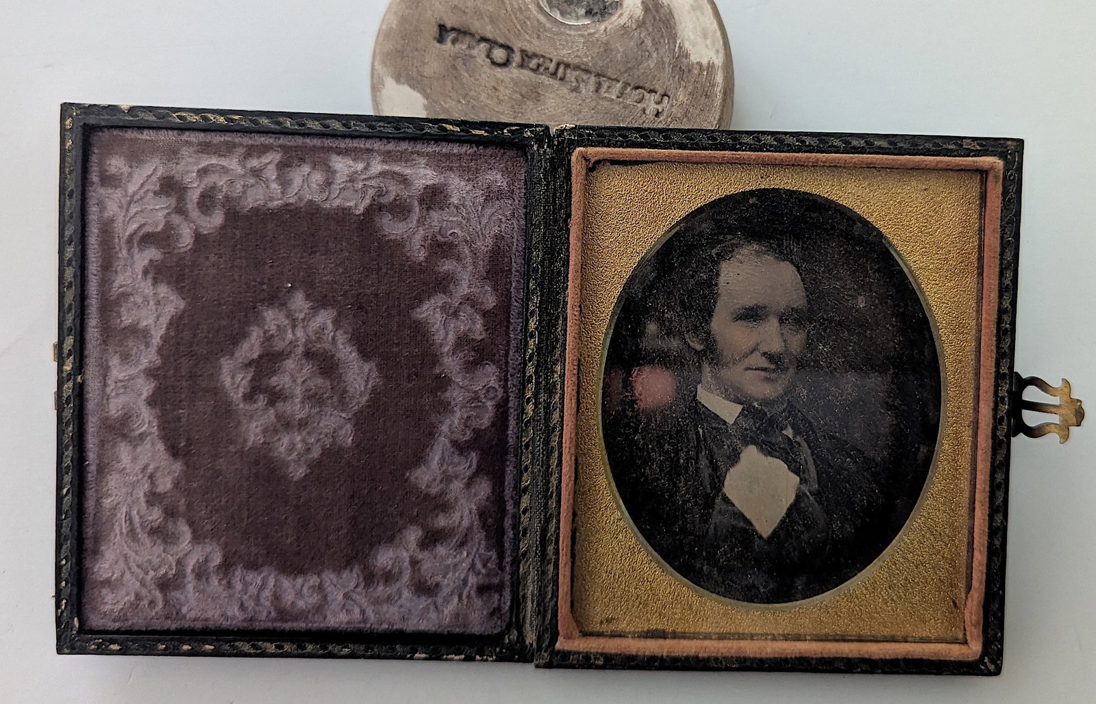 Antique 19th C. American Daguerrotype Portrait Man with Case: The provenance of this lot is from a quality collector PBC. Please see all the included images to read all related information. The Case dimensions are Approx. 3.75" x 3.25". We have included quality 