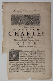 Rare King Charles the Second Framed Ephemera 17th Century Antique, Fine!