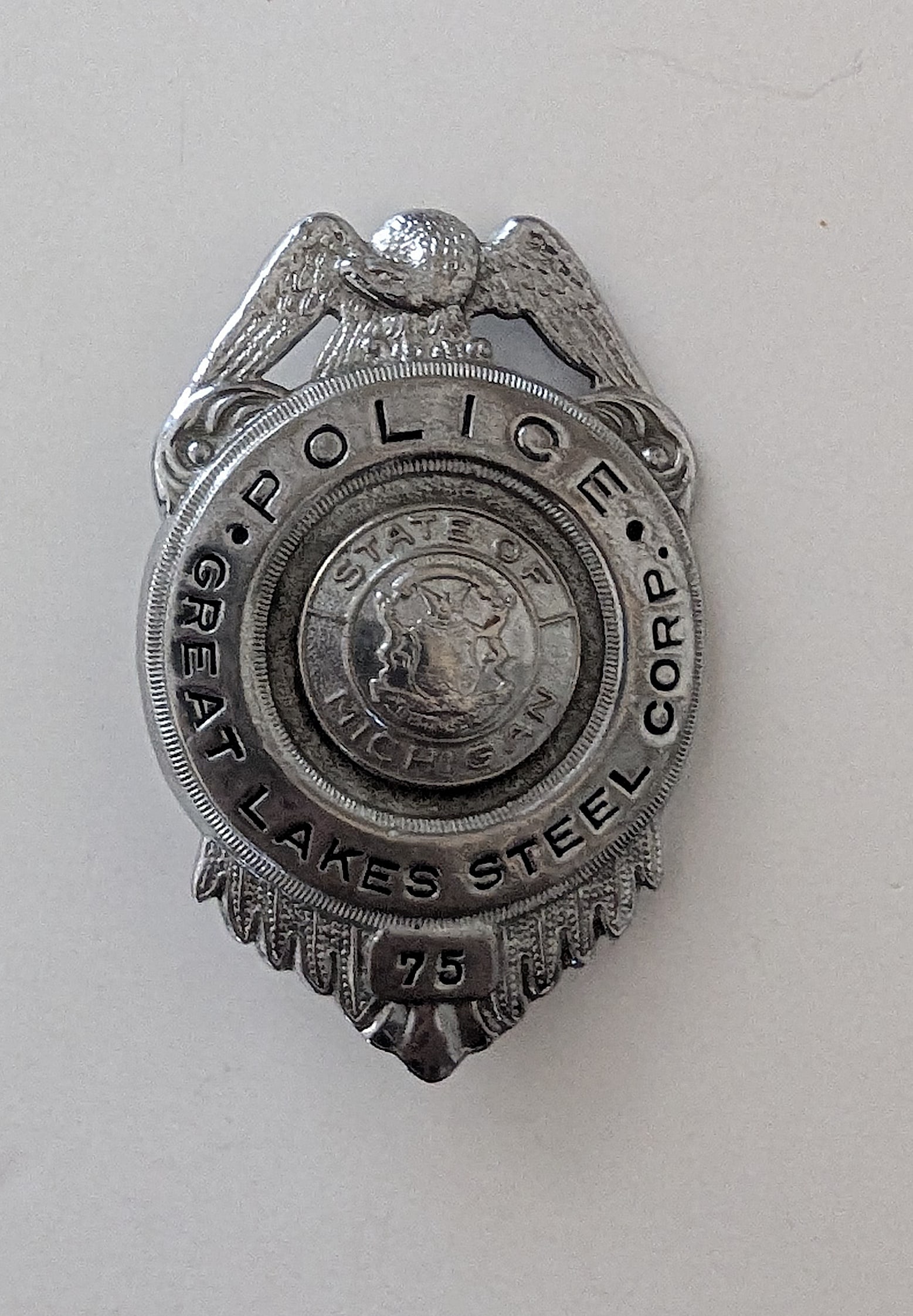 Vintage Great Lakes Steel Police Badge - State of Michigan: The provenance of this lot is from a quality collector PBC. Please see all the included images to read all related information. We have included quality scans to show it's actual condition. This lot i