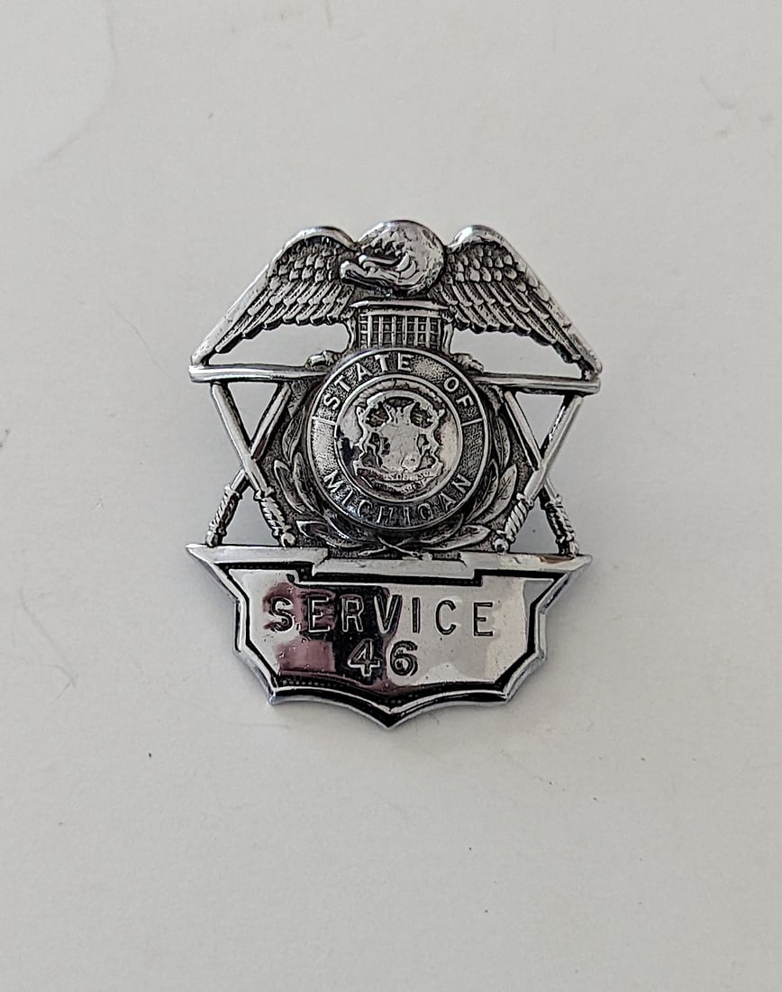 Vintage SERVICE Badge - State Of Michigan Plated: The provenance of this lot is from a quality collector PBC. Please see all the included images to read all related information. We have included quality scans to show it's actual condition. This lot i