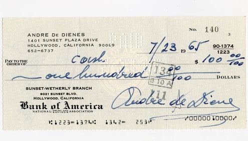 ANDRÉ DE DIENES Vintage Ephemera Signed Check, 1965