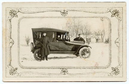 Antique RPPC  Model T Ford Car in Snow