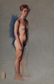 Vintage Original Drawing Pastel on Paper with Artistic Nude Female
