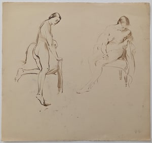 Vintage 20th C. Original Ink Drawing Double Sided Female Nudes by P.D.