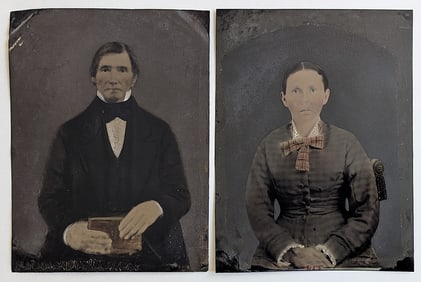 Pair Antique American School 19th C. Hand Colored Tintype Portraits