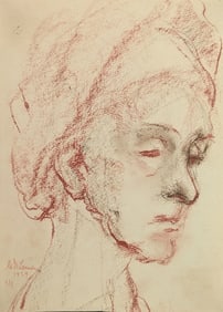 Vintage Original Artistic Sanguine Portrait Drawing Signed Year 1954