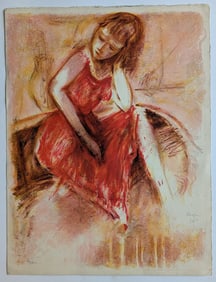 Vintage Stone Lithograph Lady in Red Resting Hand Signed by Artist