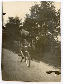 Antique Photo Young Man Stand on Bicycle 4.5" x 3.25"