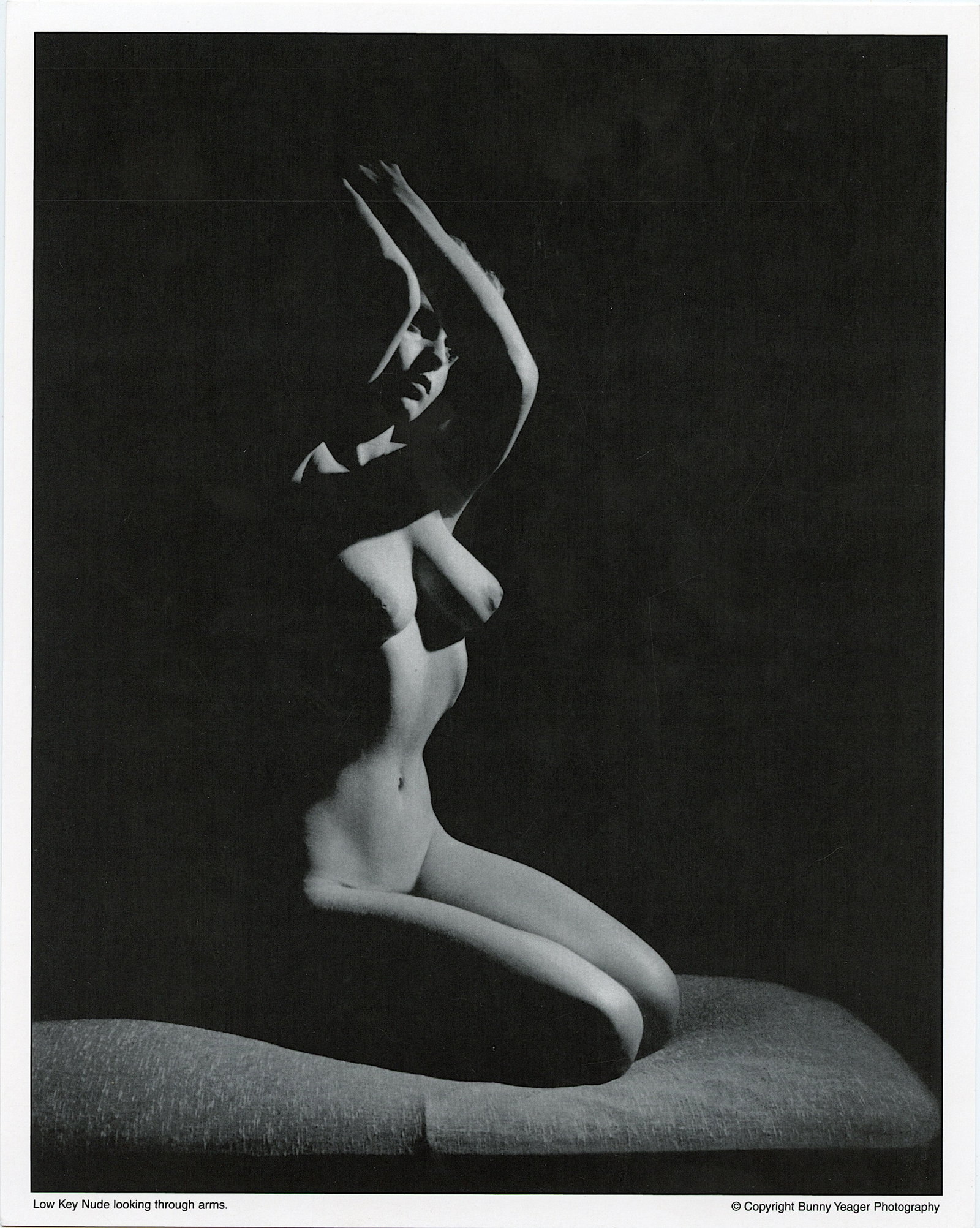 BUNNY YEAGER Vintage Pin Up Litho LOW KEY NUDE: This lot is coming from Bunny Yeager's estate/archives. Linnea Eleanor "Bunny" Yeager (March 13, 1929 - May 24, 2014) was an American photographer and pin-up model. She met Bettie Page in 1954, and to