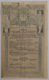 Antique ART NOUVEAU Bank Note Document PRAHA, 1920s