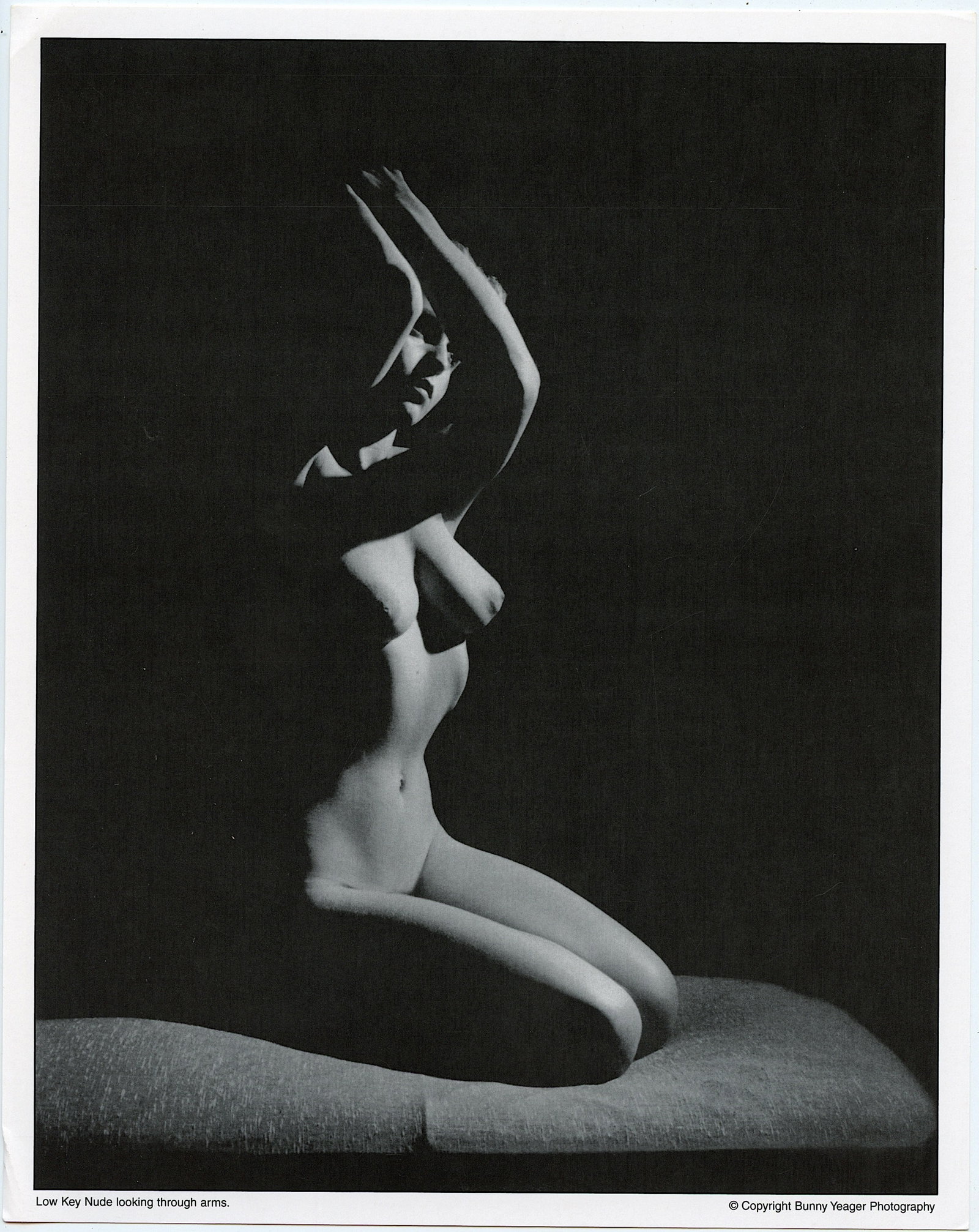 BUNNY YEAGER Vintage Pin Up Litho LOW KEY NUDE: This lot is coming from Bunny Yeager's estate/archives. Linnea Eleanor "Bunny" Yeager (March 13, 1929 - May 24, 2014) was an American photographer and pin-up model. She met Bettie Page in 1954, and to