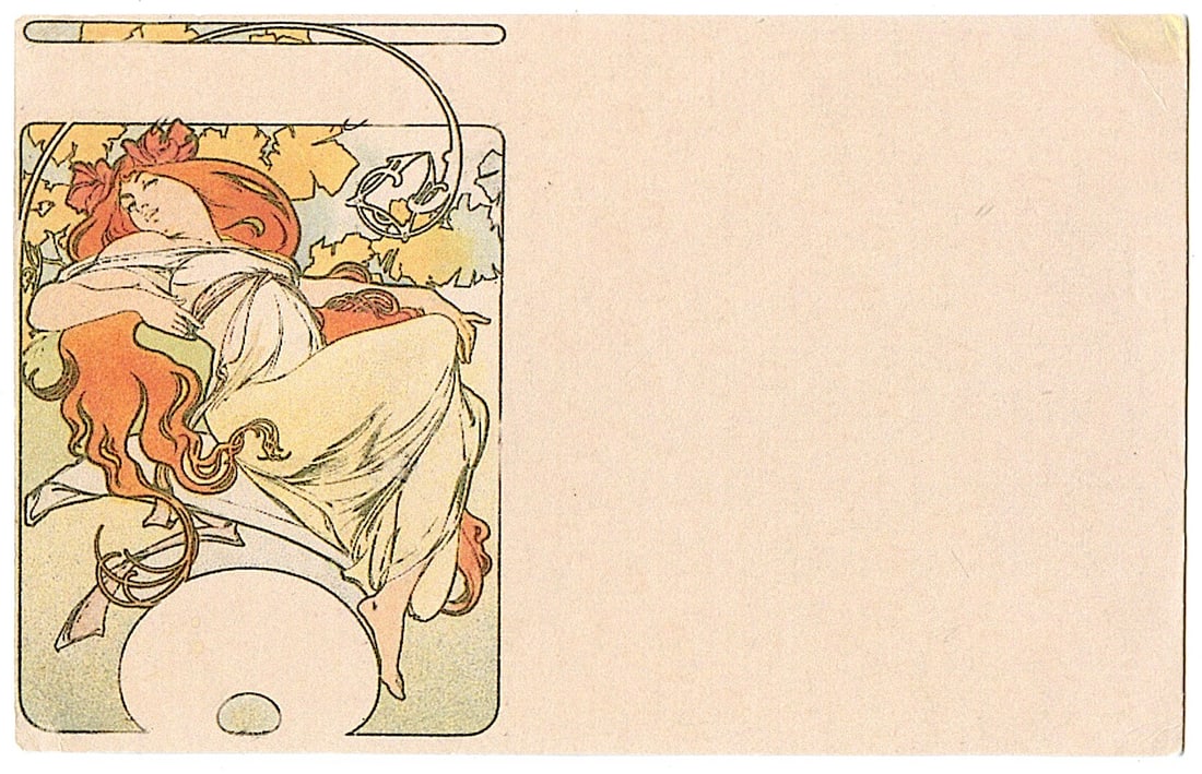 Mucha Authentic Postcard Designed for the Salon des Arts 1897: Alfons Maria Mucha (Czechia 1860 - 1939), known internationally as Alphonse Mucha, was a Czech painter, illustrator, and graphic artist. Living in Paris during the Art Nouveau period, he was widely kn