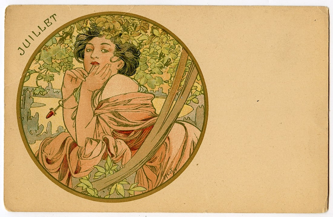 Mucha Authentic Postcard Month of July - Juillet Paris 1900: Alfons Maria Mucha (Czechia 1860 - 1939), known internationally as Alphonse Mucha, was a Czech painter, illustrator, and graphic artist. Living in Paris during the Art Nouveau period, he was widely kn