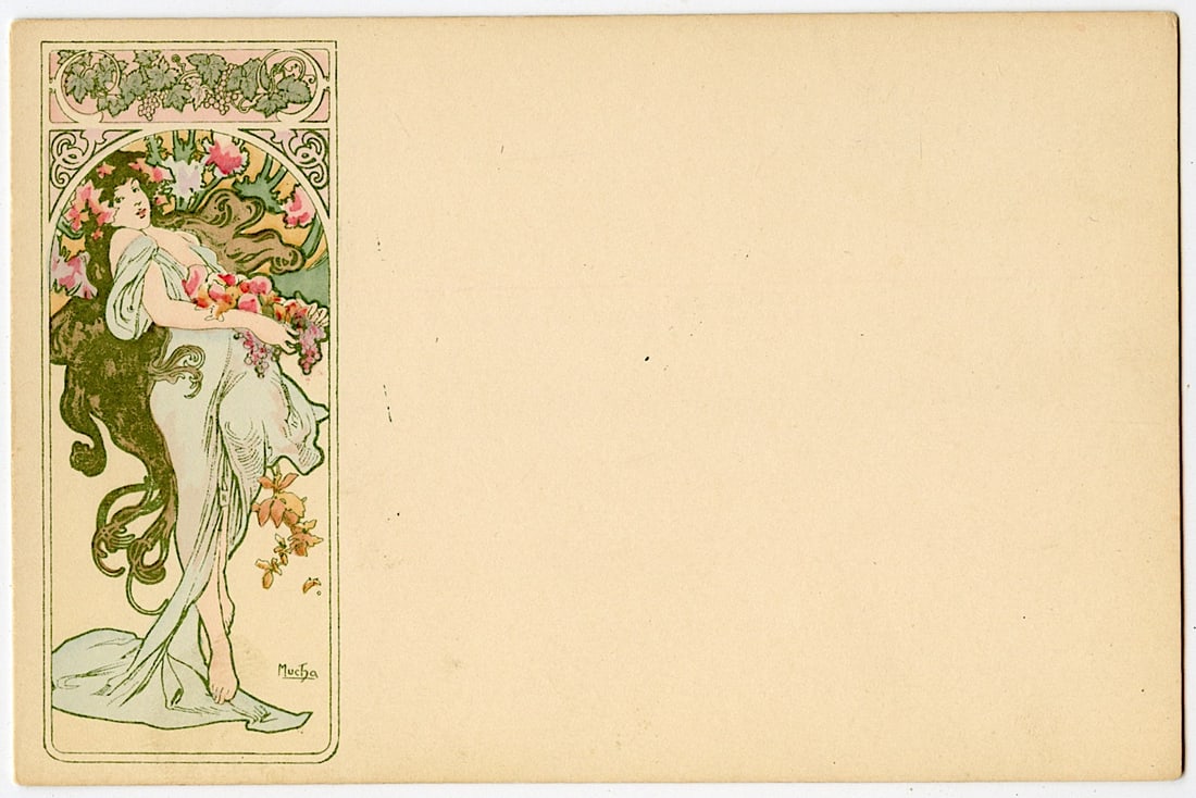 Scarce Authentic Postcard Art Nouveau Alphonse Mucha Ca. 1900: Alfons Maria Mucha (Czechia 1860 - 1939), known internationally as Alphonse Mucha, was a Czech painter, illustrator, and graphic artist. Living in Paris during the Art Nouveau period, he was widely kn