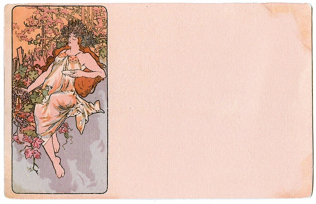 Mucha Authentic Postcard French Art Nouveau Ca. 1900: Alfons Maria Mucha (Czechia 1860 - 1939), known internationally as Alphonse Mucha, was a Czech painter, illustrator, and graphic artist. Living in Paris during the Art Nouveau period, he was widely kn