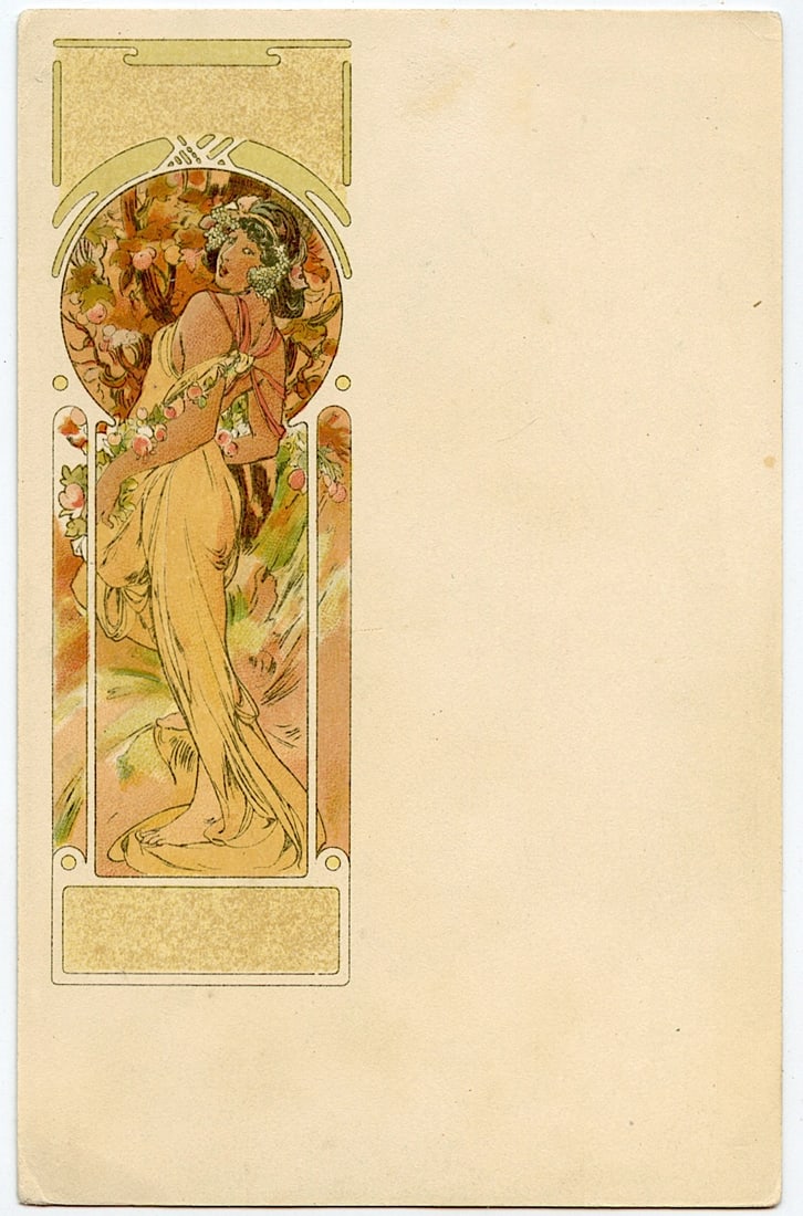 Mucha Authentic Postcard French Art Nouveau Ca. 1900: Alfons Maria Mucha (Czechia 1860 - 1939), known internationally as Alphonse Mucha, was a Czech painter, illustrator, and graphic artist. Living in Paris during the Art Nouveau period, he was widely kn
