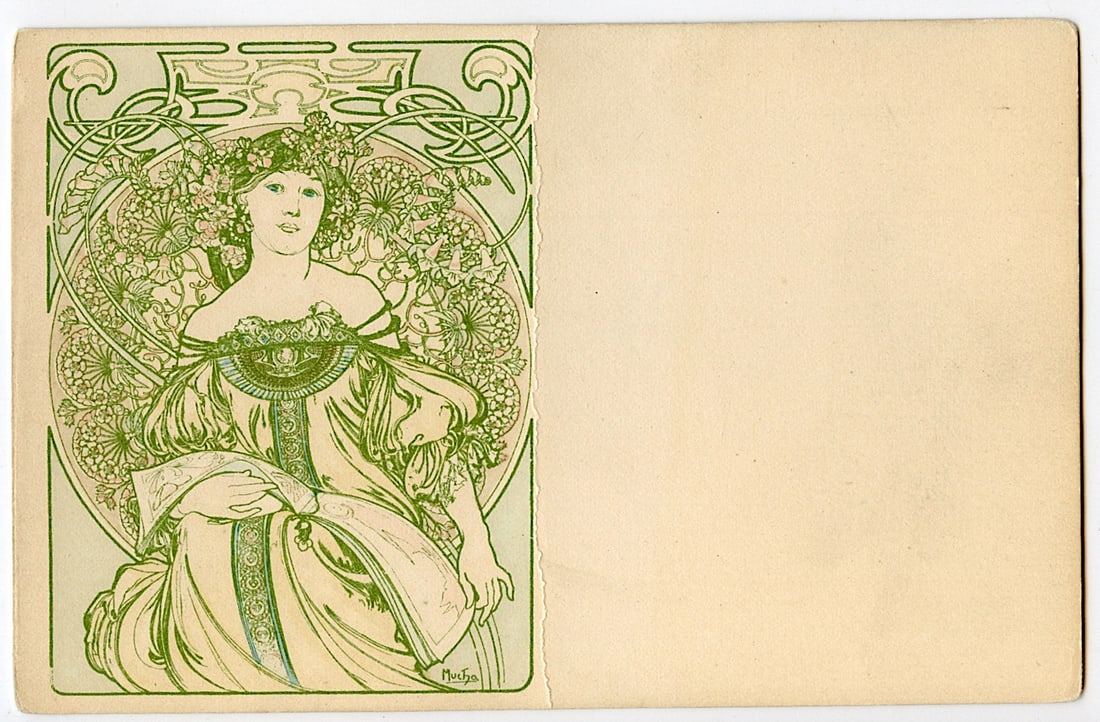 Mucha Authentic Postcard French Art Nouveau Ca. 1900: Alfons Maria Mucha (Czechia 1860 - 1939), known internationally as Alphonse Mucha, was a Czech painter, illustrator, and graphic artist. Living in Paris during the Art Nouveau period, he was widely kn