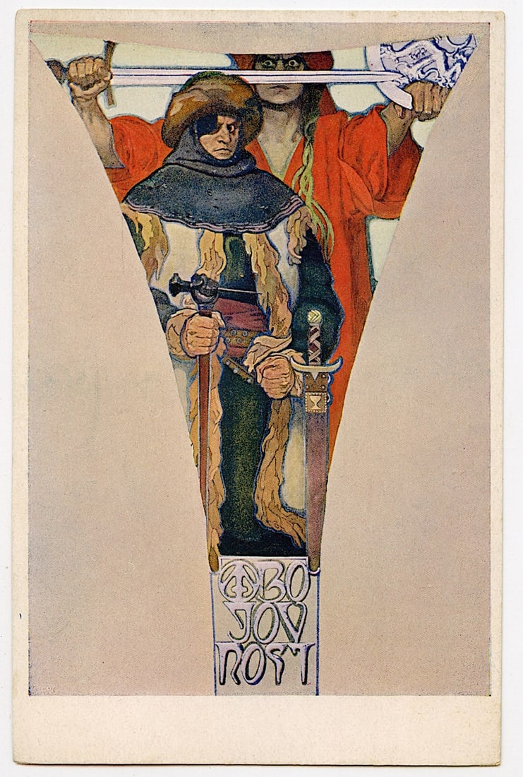 Mucha Art Nouveau Bojovnost Post Card 1919: Alfons Maria Mucha (Czechia 1860 - 1939), known internationally as Alphonse Mucha, was a Czech painter, illustrator, and graphic artist. Living in Paris during the Art Nouveau period, he was widely kn