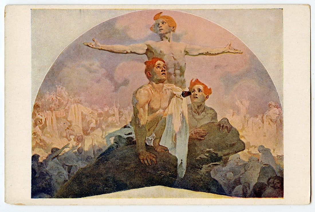 Mucha Postcard "Awake!" Patriotic Art Nouveau Czech Shirtless Men 1910s: Alfons Maria Mucha (Czechia 1860 - 1939), known internationally as Alphonse Mucha, was a Czech painter, illustrator, and graphic artist. Living in Paris during the Art Nouveau period, he was widely kn