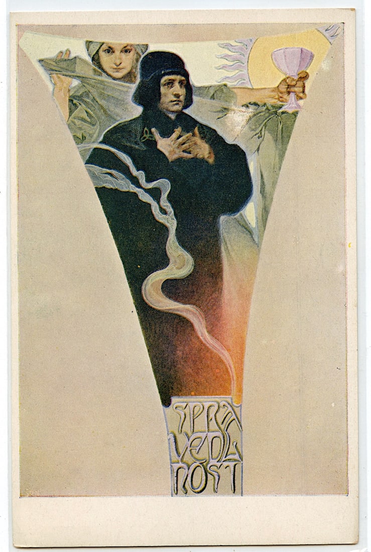 Mucha Authentic Postcard Spravedlnost - Justice 1920: Alfons Maria Mucha (Czechia 1860 - 1939), known internationally as Alphonse Mucha, was a Czech painter, illustrator, and graphic artist. Living in Paris during the Art Nouveau period, he was widely kn