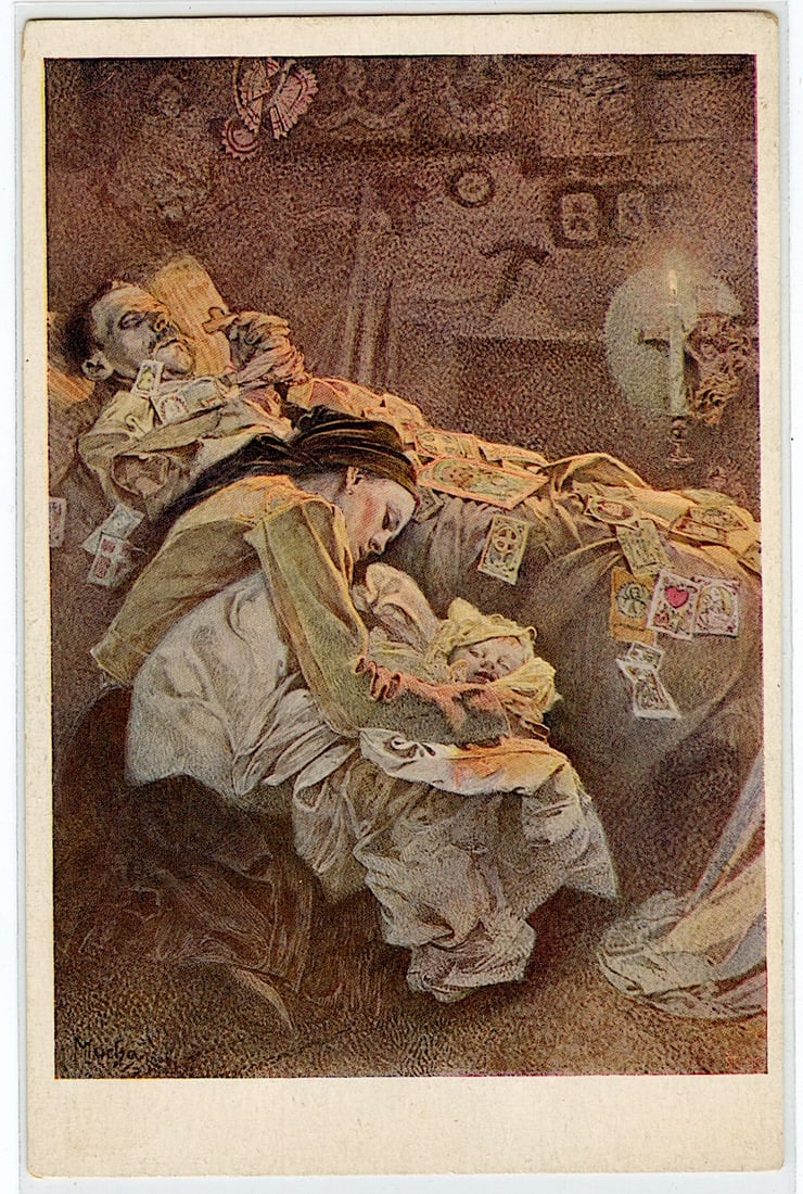 Mucha Authentic Postcard Blessed Are Those Who Mourn 1915: Alfons Maria Mucha (Czechia 1860 - 1939), known internationally as Alphonse Mucha, was a Czech painter, illustrator, and graphic artist. Living in Paris during the Art Nouveau period, he was widely kn