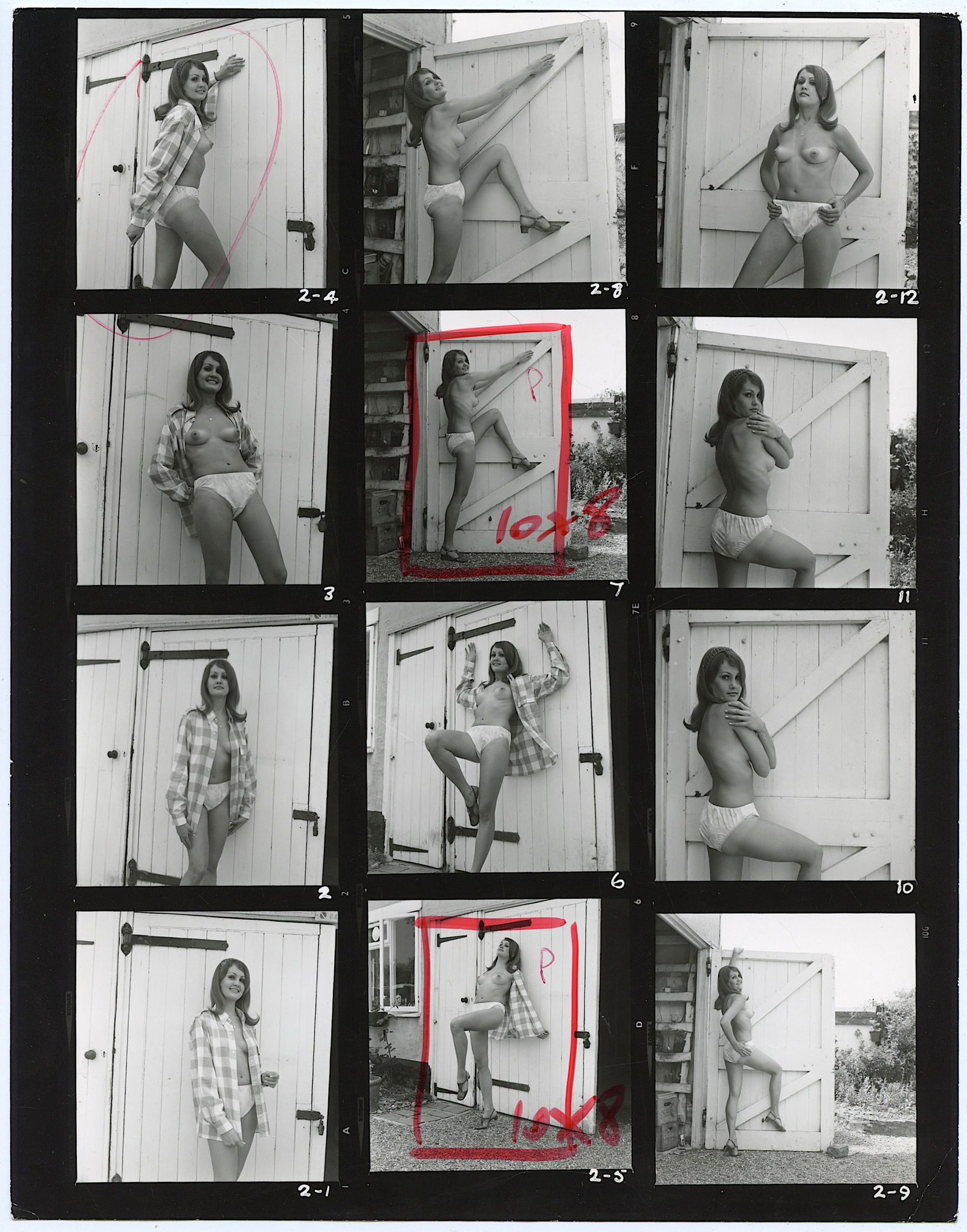 BRUCE WARLAND Hippie Era Contact Sheet Photo Pin Up Stamped: This original contact sheet by British Photographer Bruce Warland is from the Hippie Era 1960s - 1970s. The name of the Pin Up model was hand written on the back. This lot is coming from the estate of