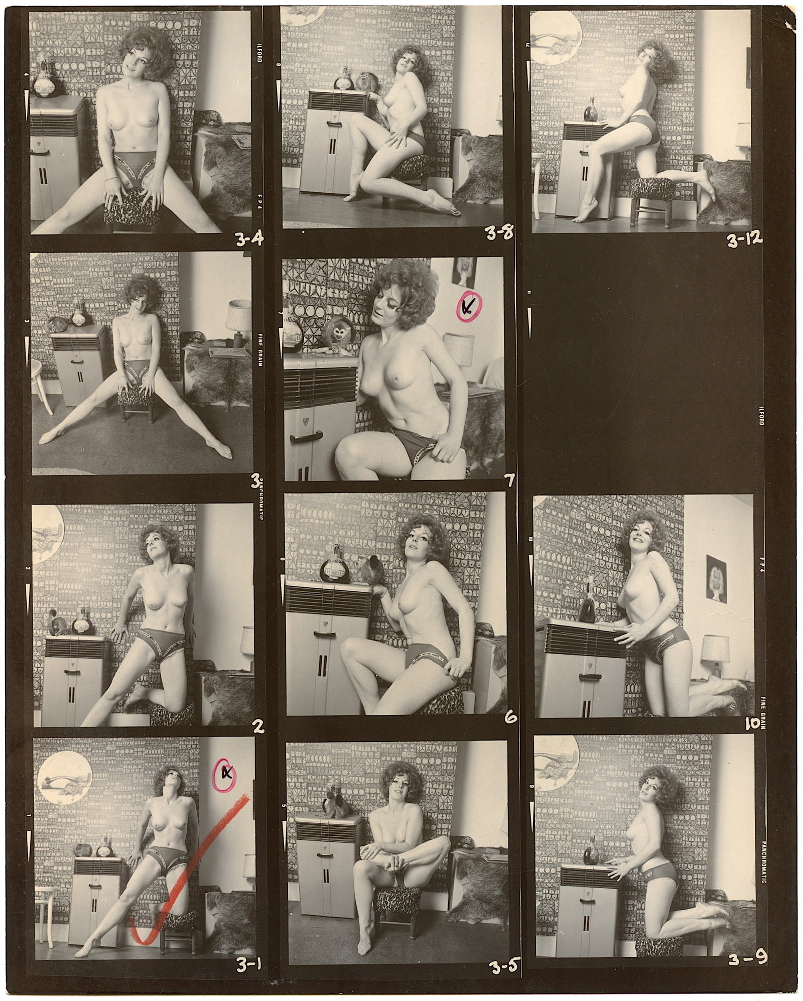 BRUCE WARLAND Hippie Era Contact Sheet Photo Pin Up Stamped: This original contact sheet by British Photographer Bruce Warland is from the Hippie Era 1960s - 1970s. The name of the Pin Up model was hand written on the back. This lot is coming from the estate of