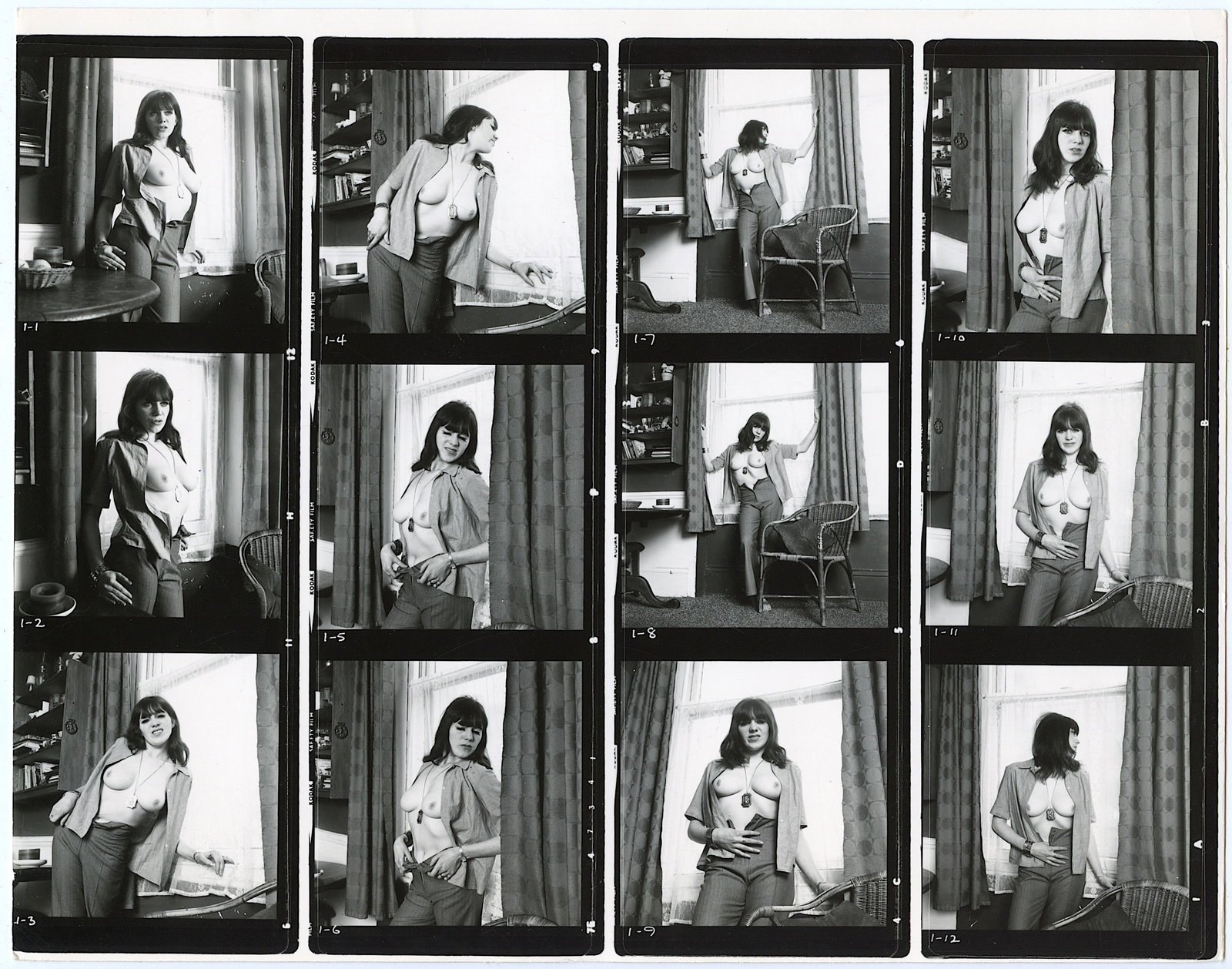 BRUCE WARLAND Hippie Era Contact Sheet Photo Pin Up Stamped: This original contact sheet by British Photographer Bruce Warland is from the Hippie Era 1960s - 1970s. The name of the Pin Up model was hand written on the back. This lot is coming from the estate of