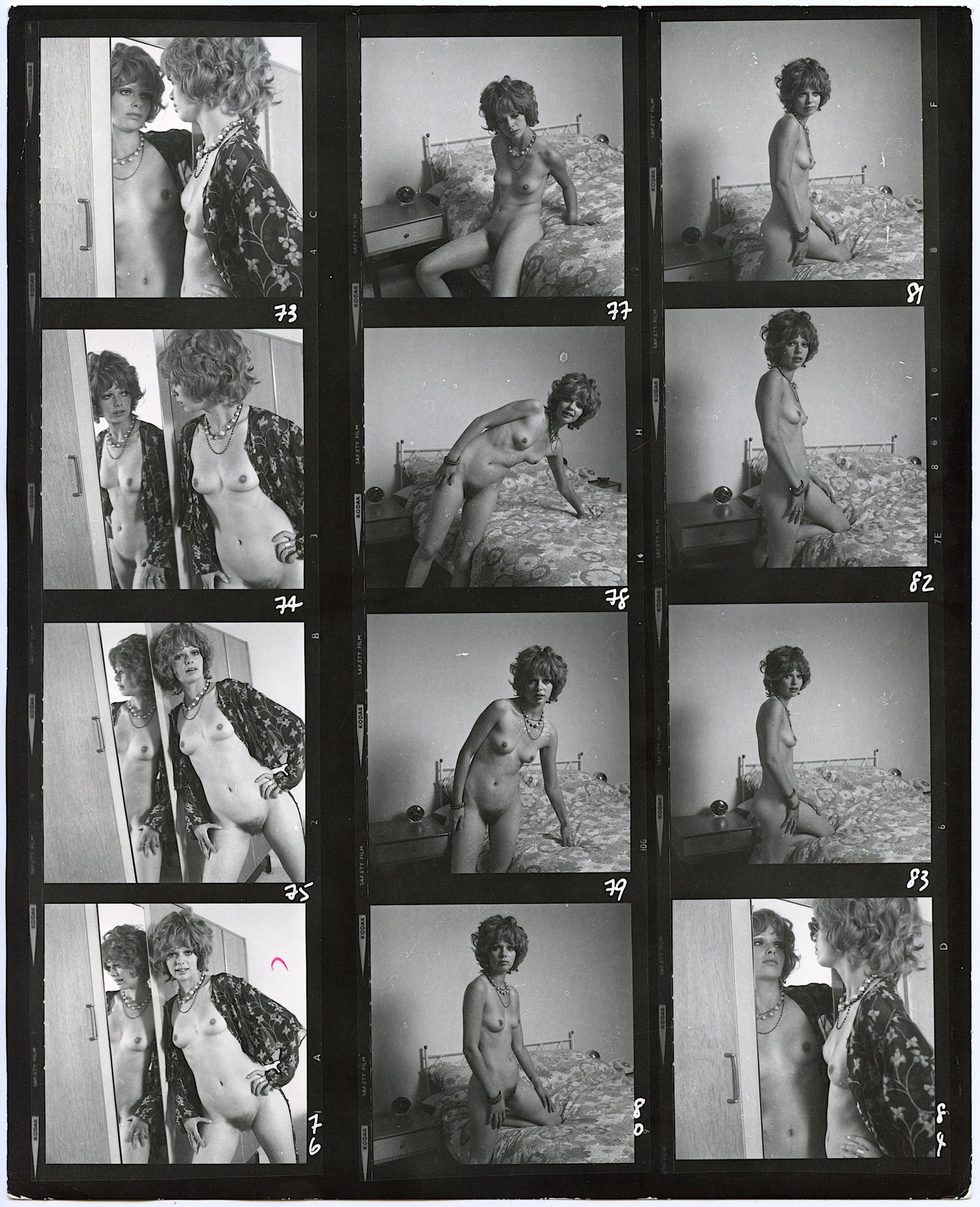 BRUCE WARLAND Hippie Era Contact Sheet Photo Pin Up Stamped: This original contact sheet by British Photographer Bruce Warland is from the Hippie Era 1960s - 1970s. The name of the Pin Up model was hand written on the back. This lot is coming from the estate of