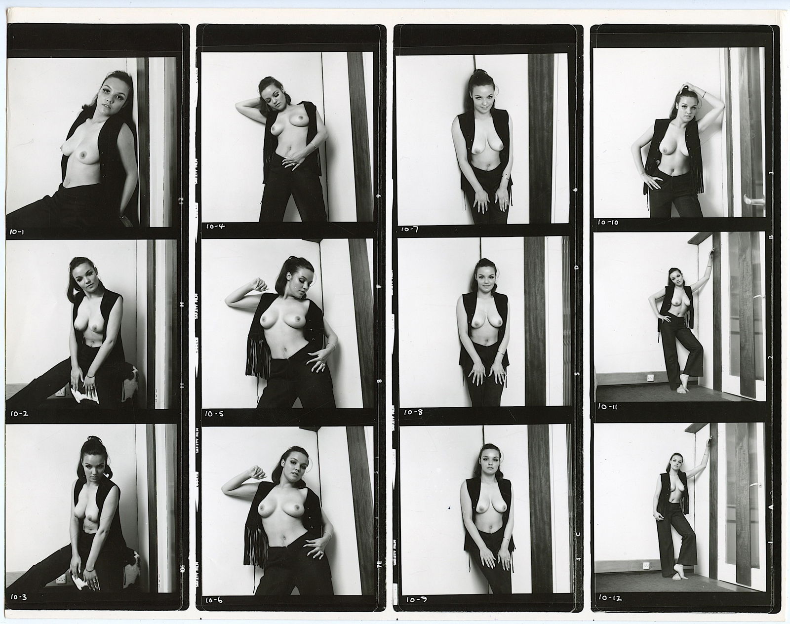 BRUCE WARLAND Hippie Era Contact Sheet Photo Pin Up Stamped: This original contact sheet by British Photographer Bruce Warland is from the Hippie Era 1960s - 1970s. The name of the Pin Up model was hand written on the back. This lot is coming from the estate of