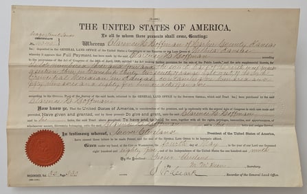 1885 Presid. Land Grant for 159 Acres of Land -Red Sal & Blind Stamp