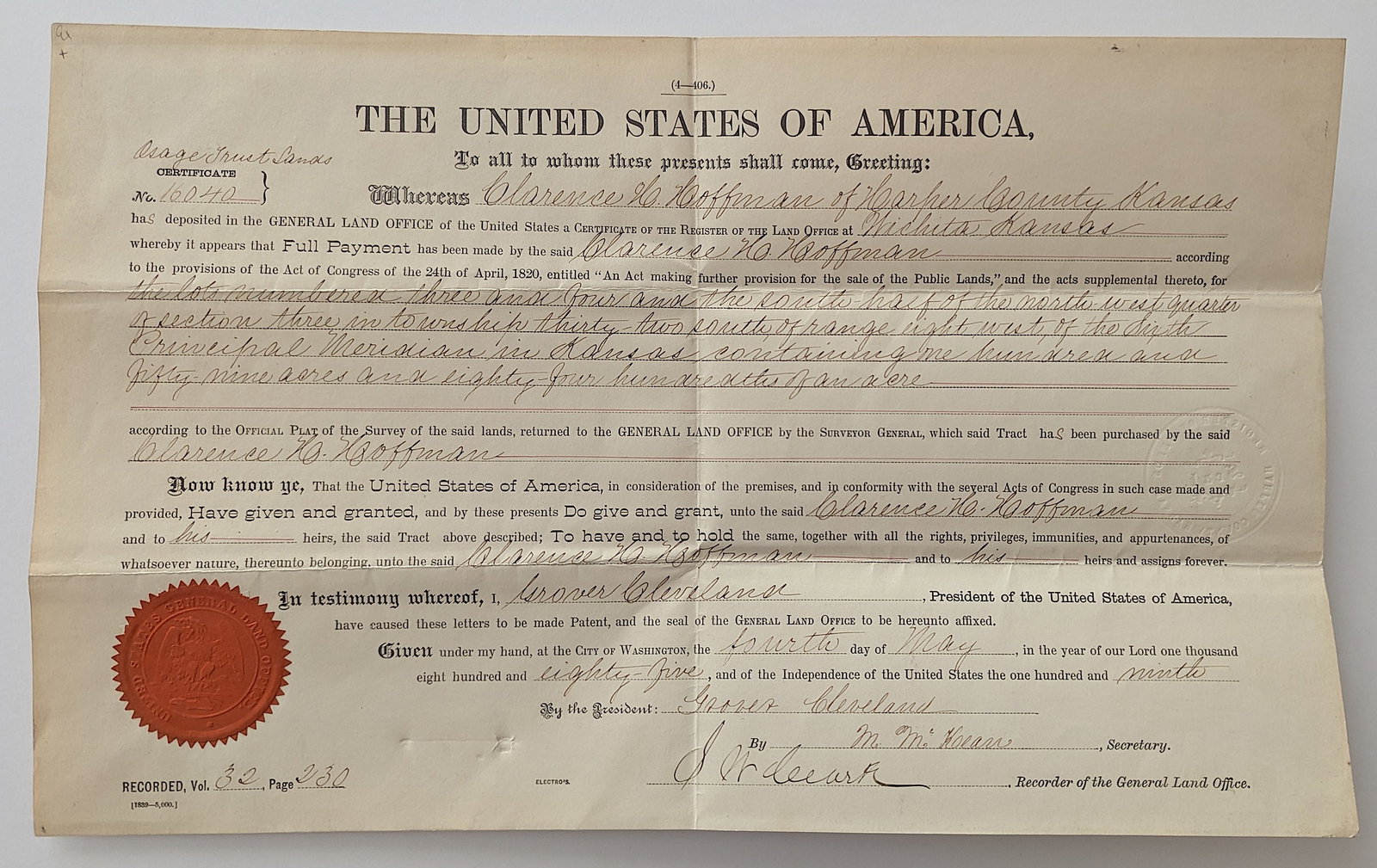 1885 Presid. Land Grant for 159 Acres of Land -Red Sal & Blind Stamp: The provenance of this lot is from a quality collector in Longview, Texas. Please see all the included images to read all related information. We have included quality images to show it's actual condi