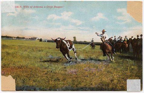 Color Tinted Postcard "Tom N. Wills of Ariz", Postmarked 1909: The provenance of this lot is from a quality collector in Longview, Texas. Please see all the included images to read all related information. We have included quality images to show it's actual condi